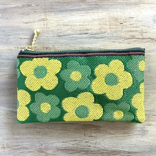 【レトロポップ花柄】畳縁 ぺたんこ ミニポーチ 小銭入れ カードケース 緑 和風 大人可愛い