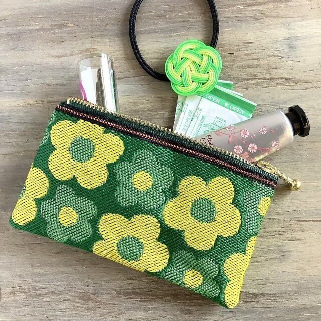 【レトロポップ花柄】畳縁 ぺたんこ ミニポーチ 小銭入れ カードケース 緑 和風 大人可愛い