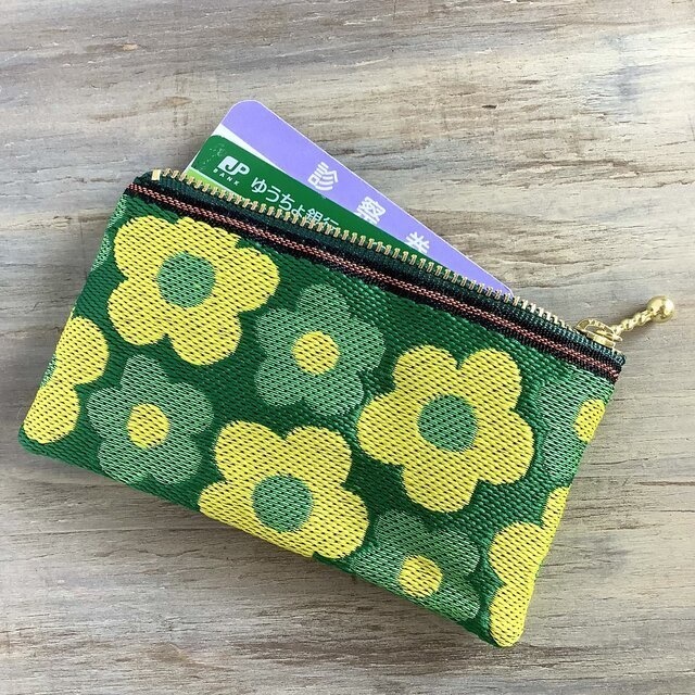 【レトロポップ花柄】畳縁 ぺたんこ ミニポーチ 小銭入れ カードケース 緑 和風 大人可愛い