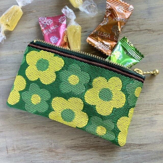 【レトロポップ花柄】畳縁 ぺたんこ ミニポーチ 小銭入れ カードケース 緑 和風 大人可愛い