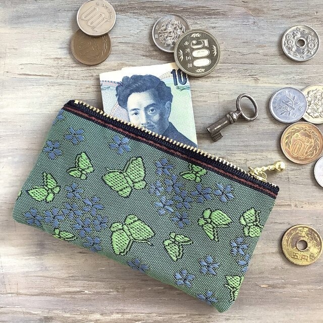 【胡蝶の夢】畳縁 ぺたんこ ミニポーチ 小銭入れ カードケース 緑 紫 蝶 すみれ