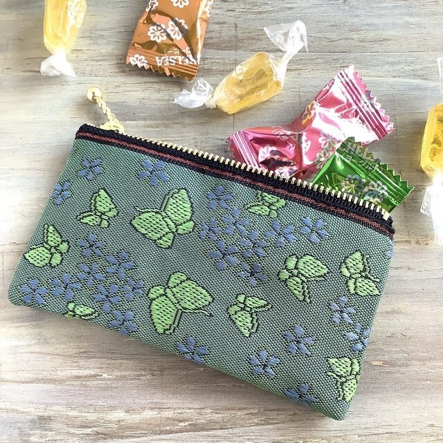 【胡蝶の夢】畳縁 ぺたんこ ミニポーチ 小銭入れ カードケース 緑 紫 蝶 すみれ