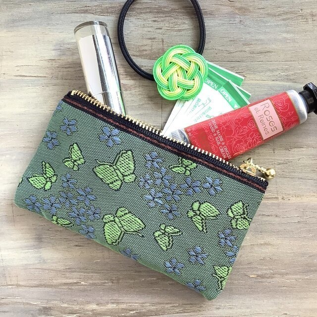 【胡蝶の夢】畳縁 ぺたんこ ミニポーチ 小銭入れ カードケース 緑 紫 蝶 すみれ