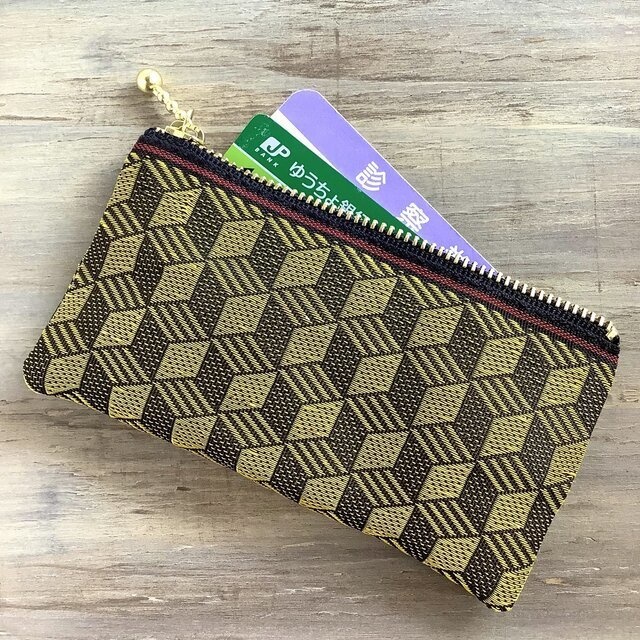 【キューブ】畳縁 ぺたんこ ミニポーチ 小銭入れ カードケース 黒 金 立方体 麻の葉