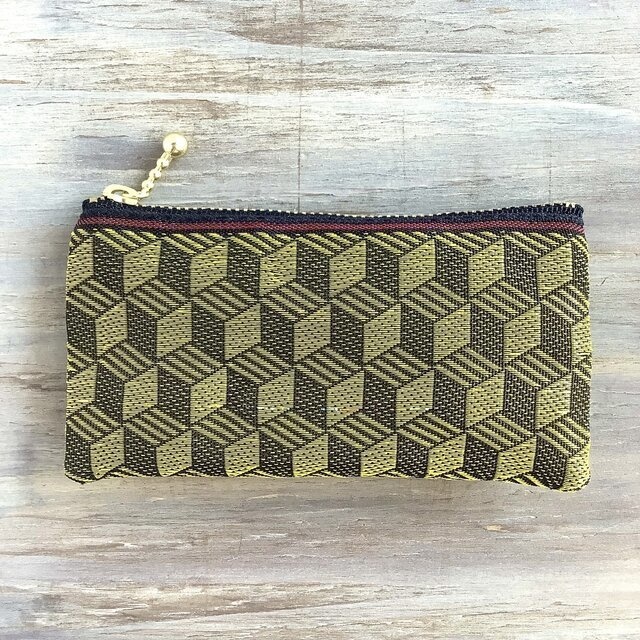 【キューブ】畳縁 ぺたんこ ミニポーチ 小銭入れ カードケース 黒 金 立方体 麻の葉