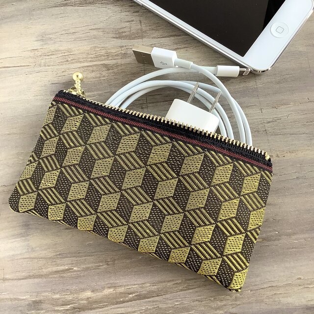 【キューブ】畳縁 ぺたんこ ミニポーチ 小銭入れ カードケース 黒 金 立方体 麻の葉