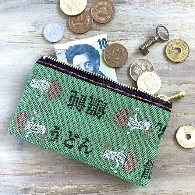 【うどん】畳縁 ぺたんこ ミニポーチ 小銭入れ カードケース 緑 丼