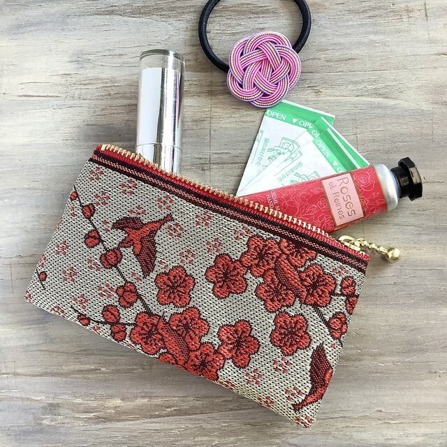 【梅に鶯】畳縁 テトラ型 ペンケース 小鳥 おうち時間 紅梅 赤い鳥 春