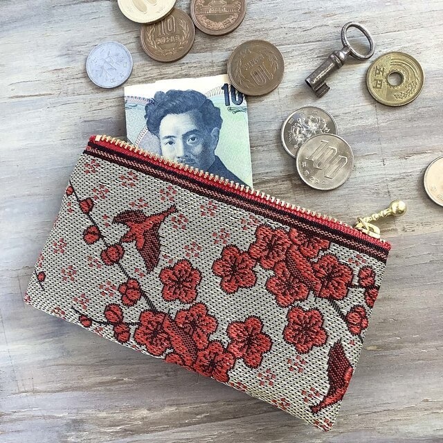 【梅に鶯】畳縁 ぺたんこ ミニポーチ 小銭入れ カードケース 小鳥 紅梅 春