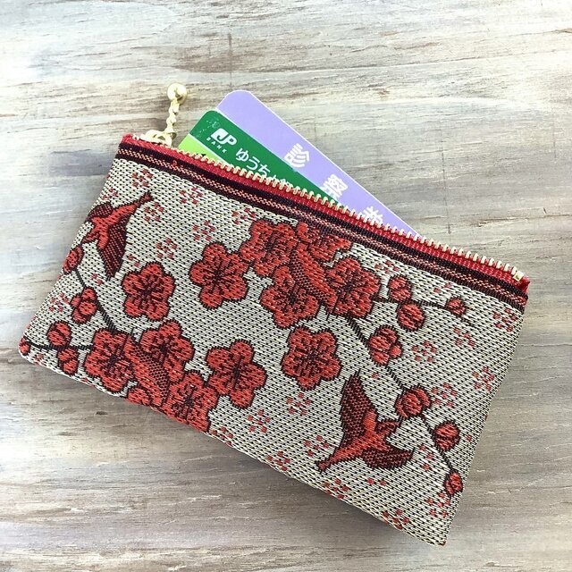 【梅に鶯】畳縁 ぺたんこ ミニポーチ 小銭入れ カードケース 小鳥 紅梅 春