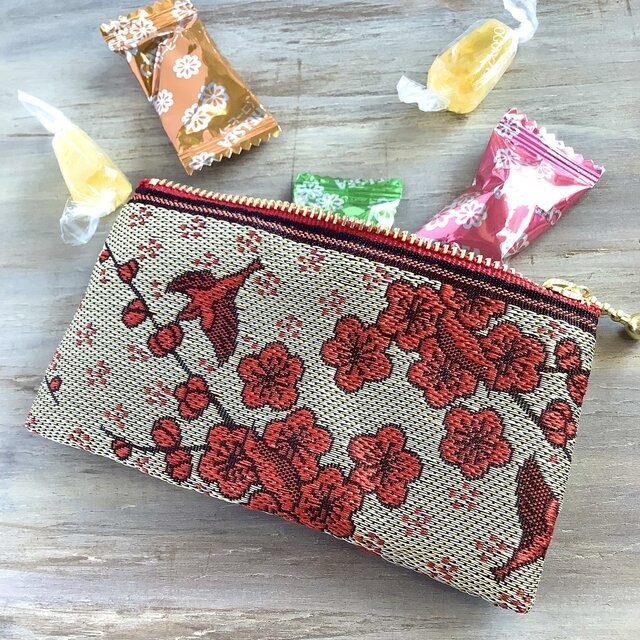 【梅に鶯】畳縁 ぺたんこ ミニポーチ 小銭入れ カードケース 小鳥 紅梅 春