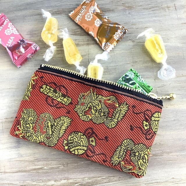 【龍と宝尽くし】畳縁 ぺたんこ ミニポーチ 小銭入れ カードケース 縁起物 竜 ドラゴン
