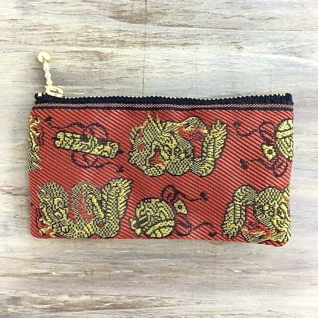 【龍と宝尽くし】畳縁 ぺたんこ ミニポーチ 小銭入れ カードケース 縁起物 竜 ドラゴン