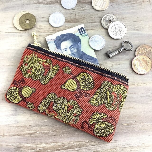 【龍と宝尽くし】畳縁 ぺたんこ ミニポーチ 小銭入れ カードケース 縁起物 竜 ドラゴン