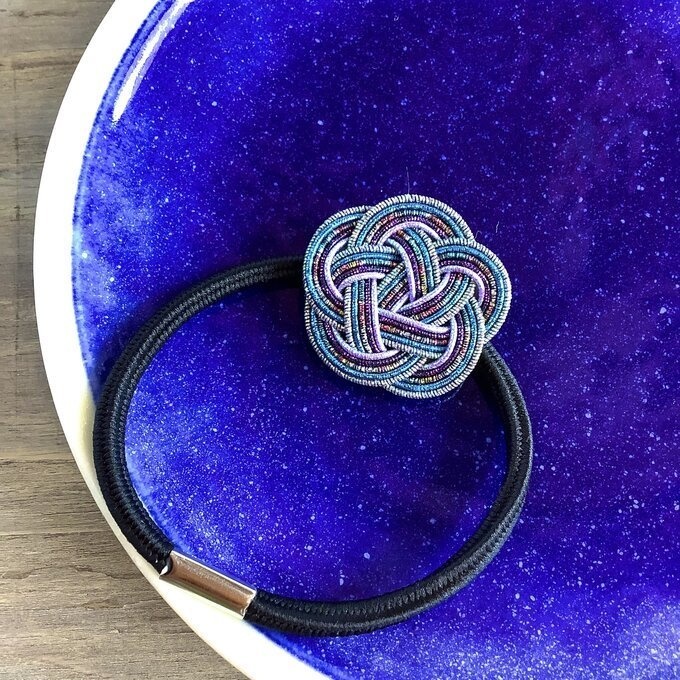 水引製 ヘアゴム【星明りの海】お花 キラキラ 紺 ブルー