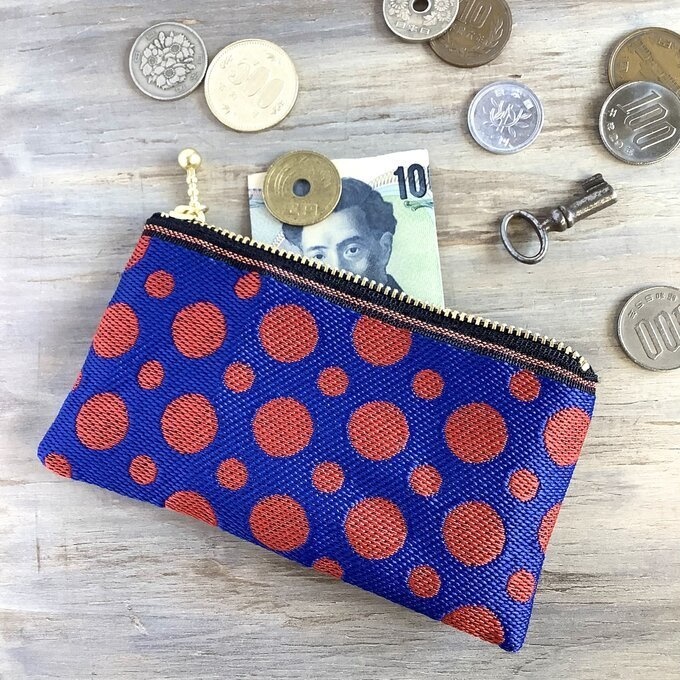 【赤い水玉】畳縁 ぺたんこ ミニポーチ 小銭入れ カードケース 紺 赤 ドット