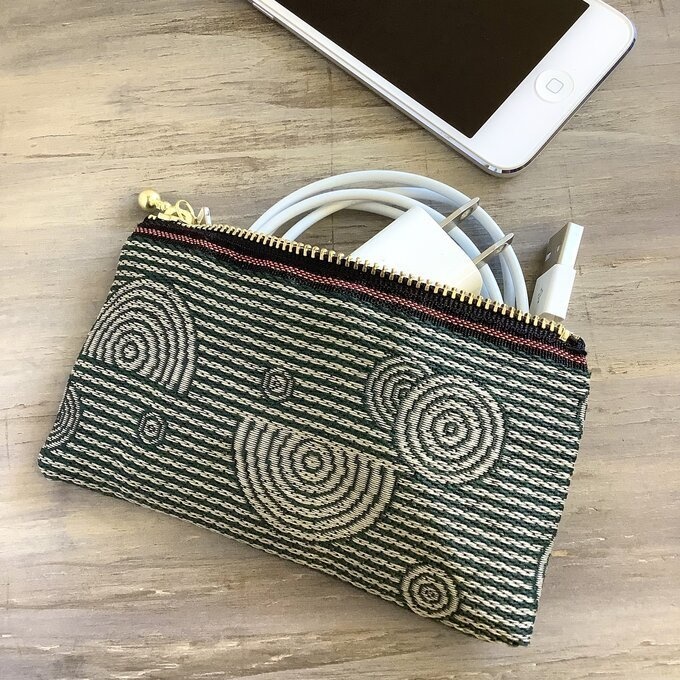 【枯山水】畳縁 ぺたんこ ミニポーチ 小銭入れ カードケース 深緑 禅 同心円 ストライプ