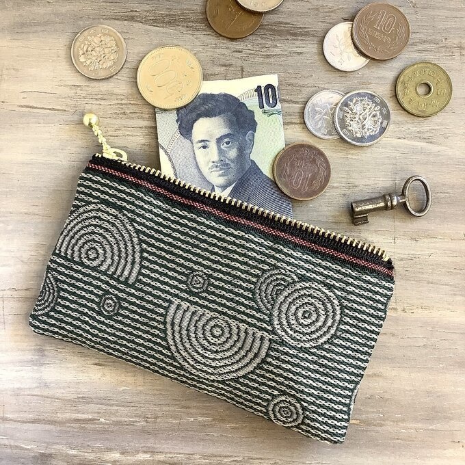 【枯山水】畳縁 ぺたんこ ミニポーチ 小銭入れ カードケース 深緑 禅 同心円 ストライプ