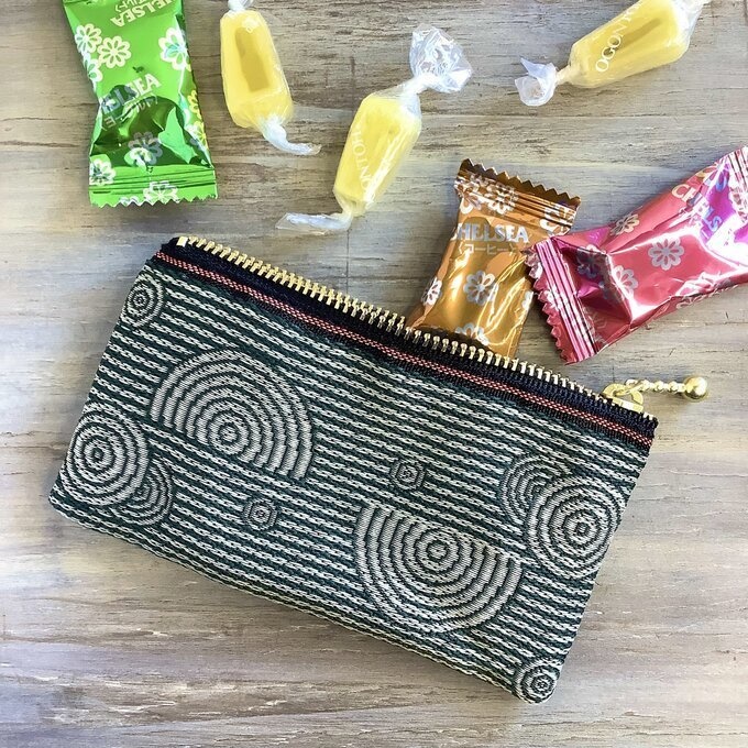 【枯山水】畳縁 ぺたんこ ミニポーチ 小銭入れ カードケース 深緑 禅 同心円 ストライプ