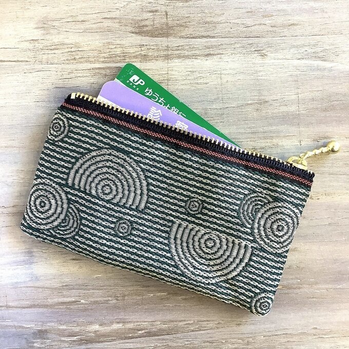 【枯山水】畳縁 ぺたんこ ミニポーチ 小銭入れ カードケース 深緑 禅 同心円 ストライプ