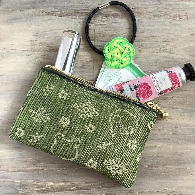 【カエルとトリさん】畳縁 ぺたんこ ミニポーチ 小銭入れ カードケース グリーン 草色 蛙 鳥 オカメインコ