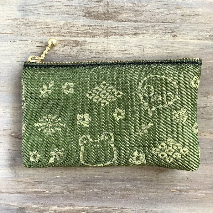 【カエルとトリさん】畳縁 ぺたんこ ミニポーチ 小銭入れ カードケース グリーン 草色 蛙 鳥 オカメインコ