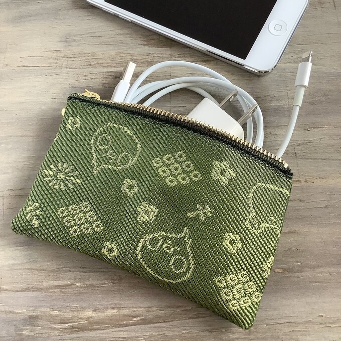 【カエルとトリさん】畳縁 ぺたんこ ミニポーチ 小銭入れ カードケース グリーン 草色 蛙 鳥 オカメインコ