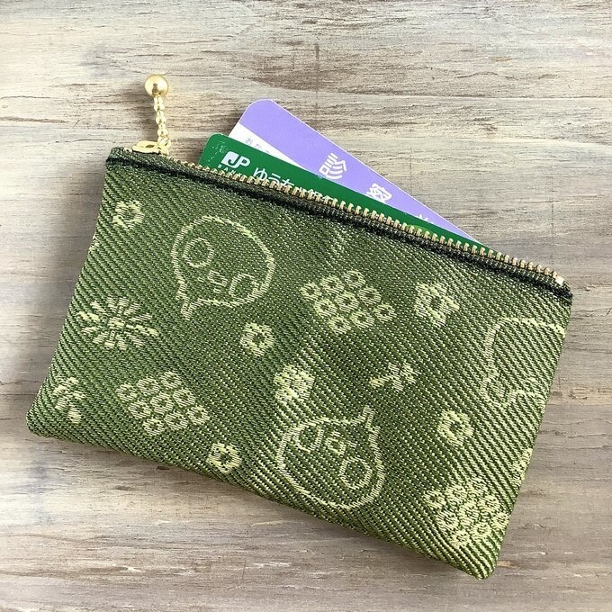 【カエルとトリさん】畳縁 ぺたんこ ミニポーチ 小銭入れ カードケース グリーン 草色 蛙 鳥 オカメインコ