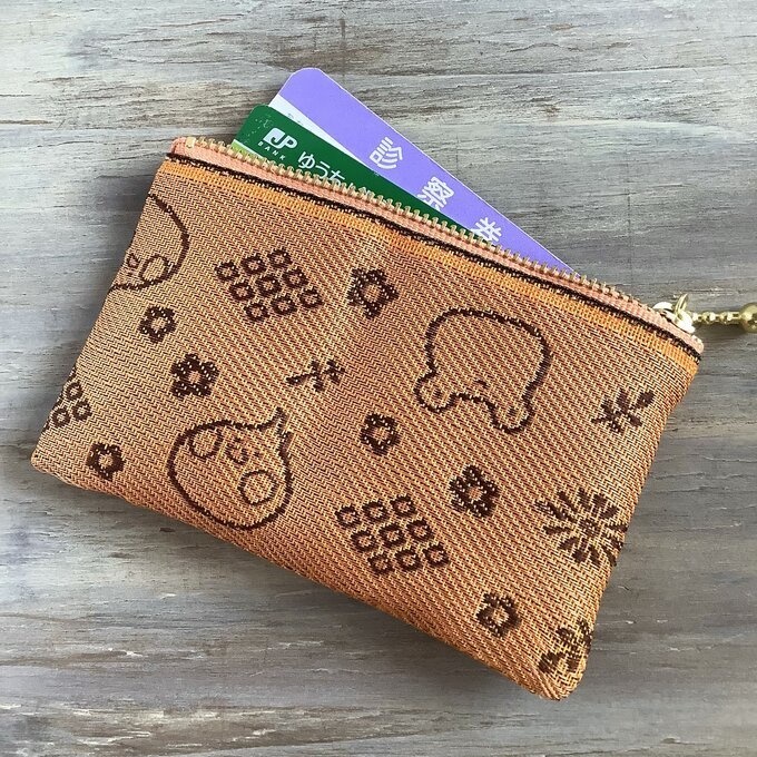 【カエルとトリさん】畳縁 ぺたんこ ミニポーチ 小銭入れ カードケース オレンジ 夕焼け色 蛙 鳥 オカメインコ