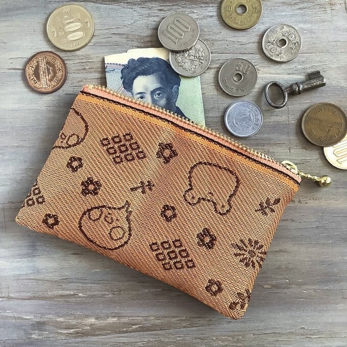 【カエルとトリさん】畳縁 ぺたんこ ミニポーチ 小銭入れ カードケース オレンジ 夕焼け色 蛙 鳥 オカメインコ