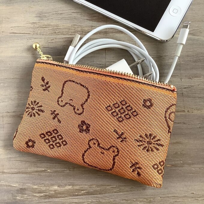 【カエルとトリさん】畳縁 ぺたんこ ミニポーチ 小銭入れ カードケース オレンジ 夕焼け色 蛙 鳥 オカメインコ