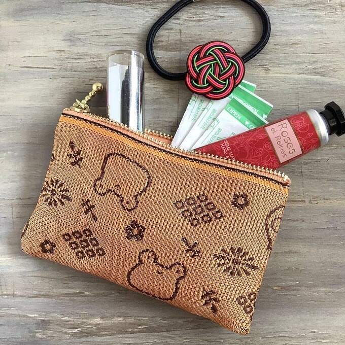 【カエルとトリさん】畳縁 テトラ型 ペンケース オレンジ 夕焼け色 蛙 鳥 オカメインコ