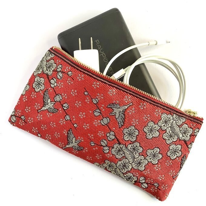 【梅に鶯】畳縁 幅広 ペンケース ポーチ マスクケース 赤 春 和風