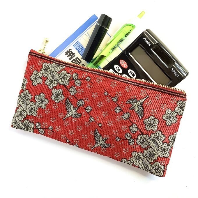 【梅に鶯】畳縁 幅広 ペンケース ポーチ マスクケース 赤 春 和風