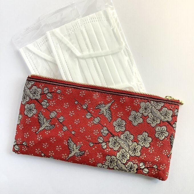 【梅に鶯】畳縁 幅広 ペンケース ポーチ マスクケース 赤 春 和風
