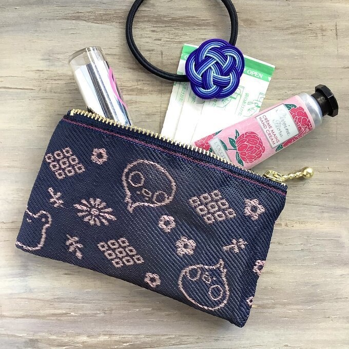 【カエルとトリさん】畳縁 テトラ型 ペンケース 紺 ピンク 蛙 鳥 オカメインコ