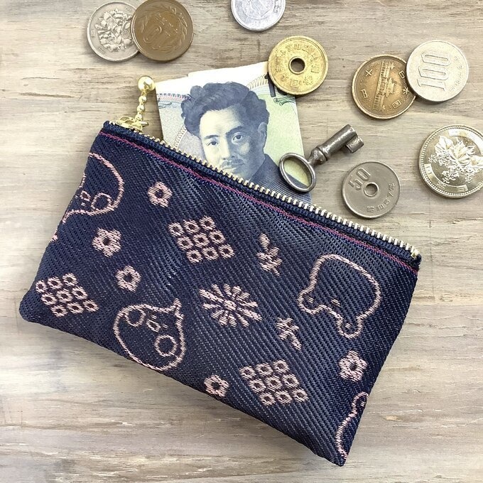 【カエルとトリさん】畳縁 ぺたんこ ミニポーチ 小銭入れ カードケース 紺 ピンク 蛙 鳥 オカメインコ