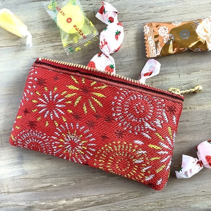 【花火】畳縁 ぺたんこ ミニポーチ 小銭入れ カードケース 赤 夏 お祭り