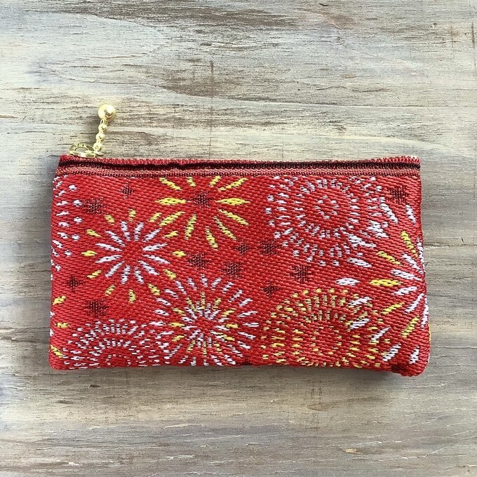 【花火】畳縁 ぺたんこ ミニポーチ 小銭入れ カードケース 赤 夏 お祭り