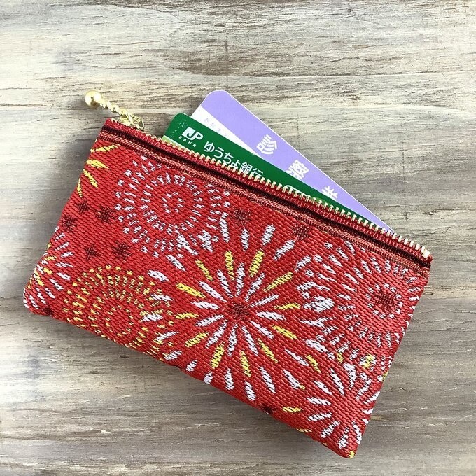 【花火】畳縁 ぺたんこ ミニポーチ 小銭入れ カードケース 赤 夏 お祭り