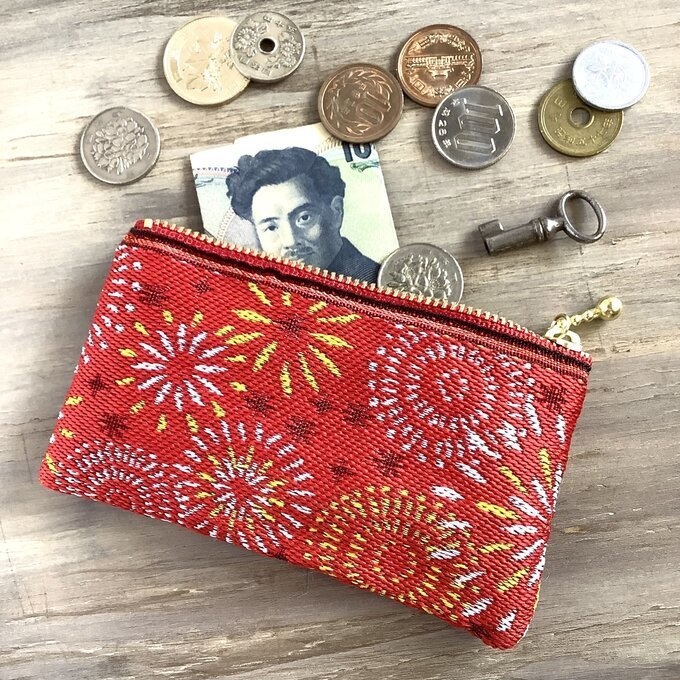 【花火】畳縁 ぺたんこ ミニポーチ 小銭入れ カードケース 赤 夏 お祭り