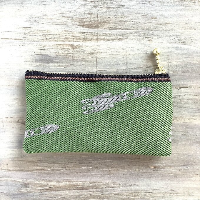 【ロケット】畳縁 ぺたんこ ミニポーチ カードケース 小銭入れ 宇宙 草原 緑 白