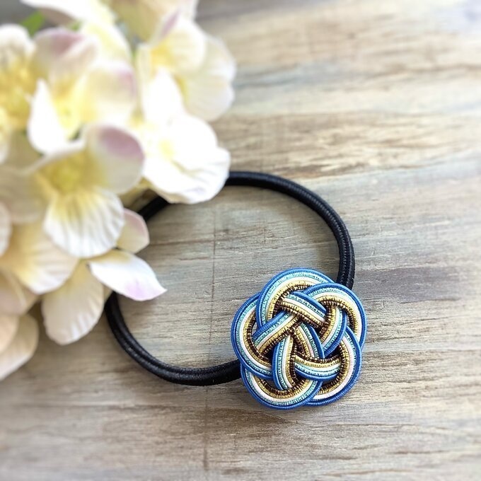 水引製【南極の朝日】お花 ヘアゴム ブルー ゴールド キラキラ 和風