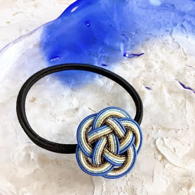 水引製【南極の朝日】お花 ヘアゴム ブルー ゴールド キラキラ 和風