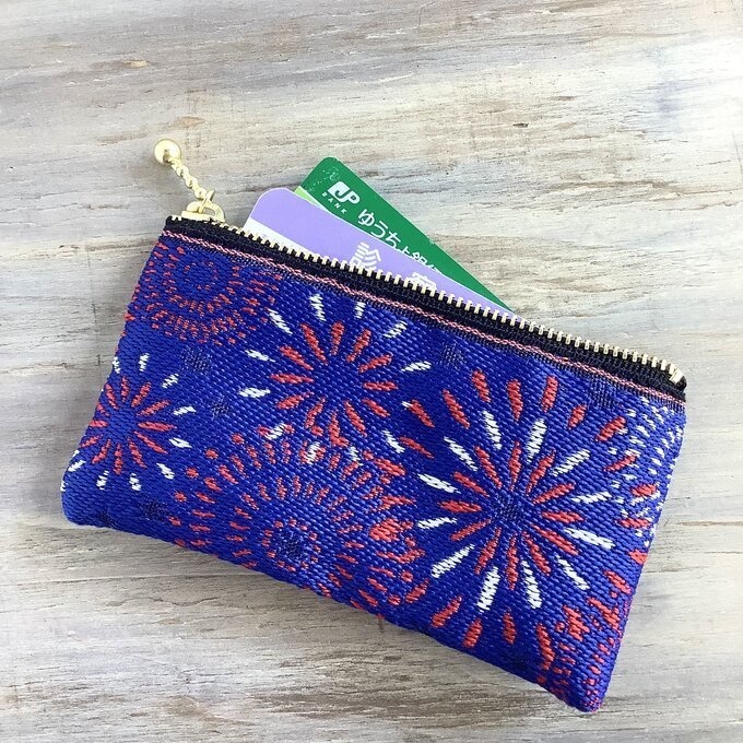 【花火】畳縁 ぺたんこ ミニポーチ 小銭入れ カードケース 紺 夏 お祭り
