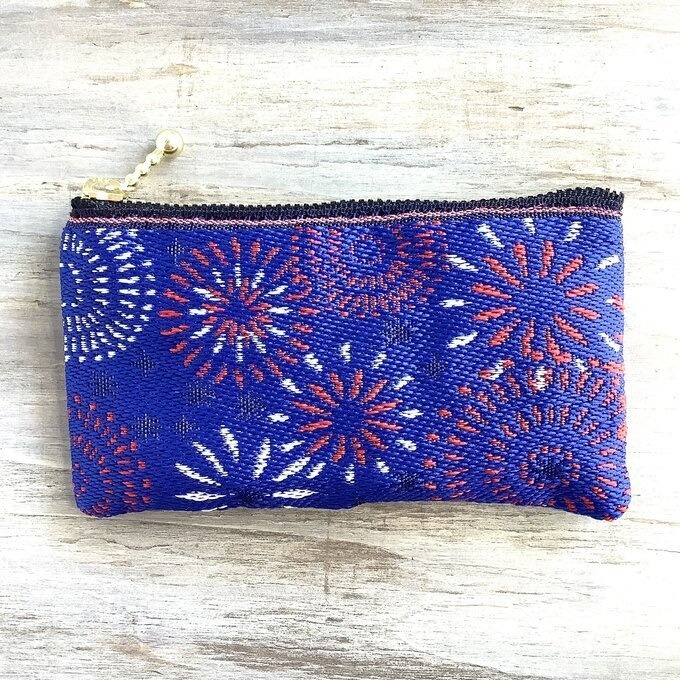 【花火】畳縁 ぺたんこ ミニポーチ 小銭入れ カードケース 紺 夏 お祭り