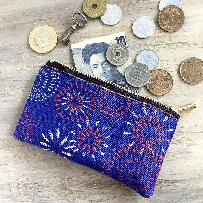 【花火】畳縁 ぺたんこ ミニポーチ 小銭入れ カードケース 紺 夏 お祭り