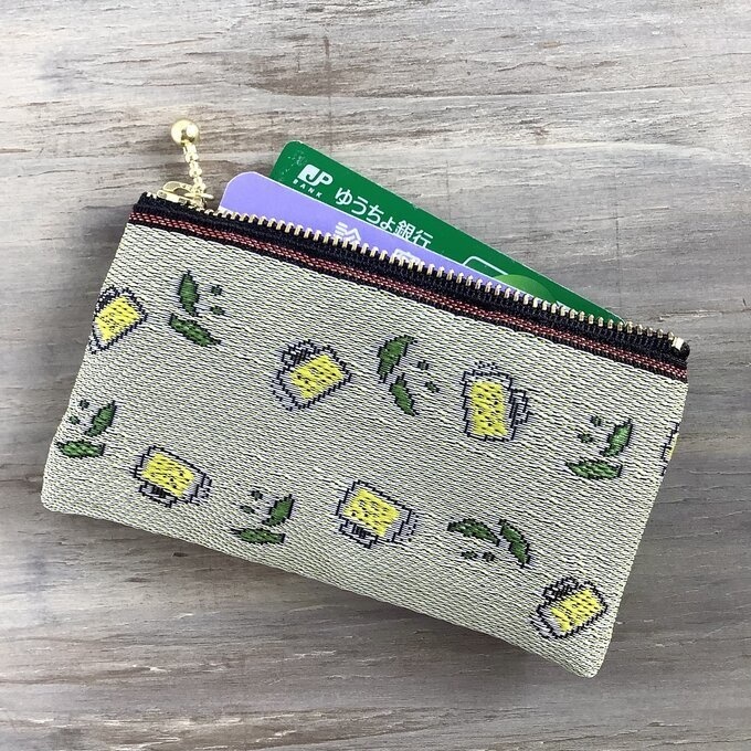 【枝豆とビール】畳縁 ぺたんこ ミニポーチ カードケース 小銭入れ 夏 グリーン