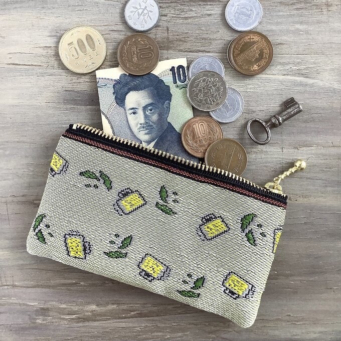 【枝豆とビール】畳縁 ぺたんこ ミニポーチ カードケース 小銭入れ 夏 グリーン