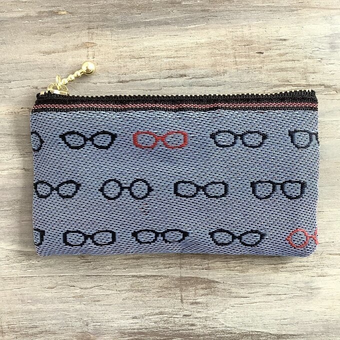 【メガネ柄】畳縁 ぺたんこ ミニポーチ カードケース 小銭入れ ブルー 眼鏡 めがね ユニーク